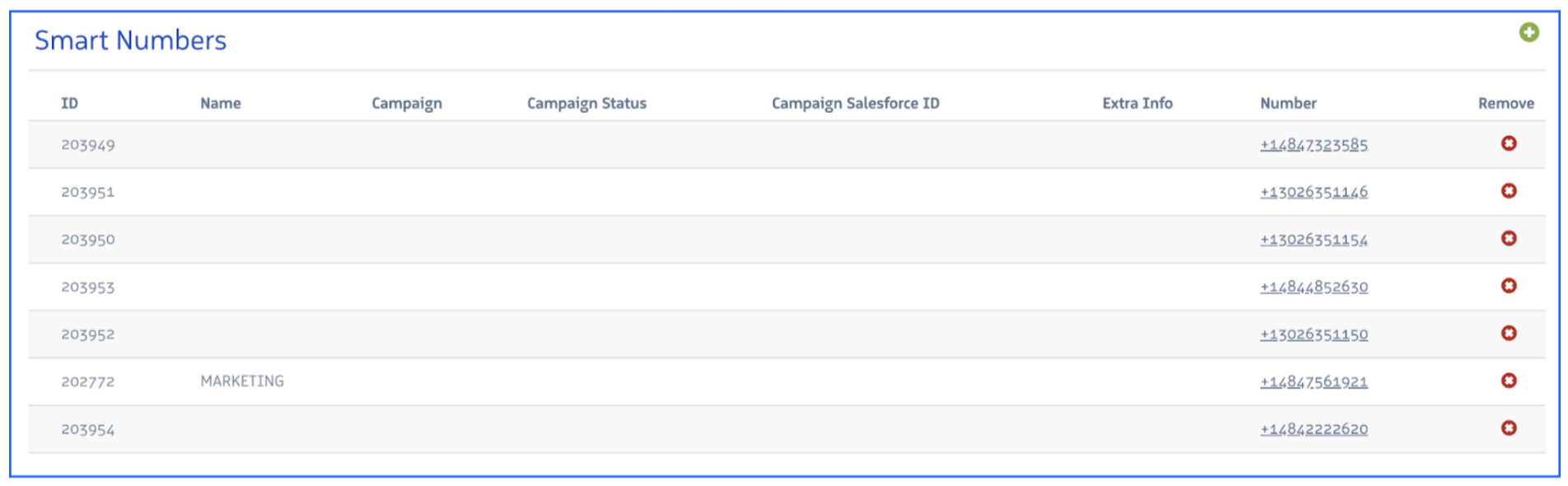 The Smart Number section showing phone numbers assigned to a call flow