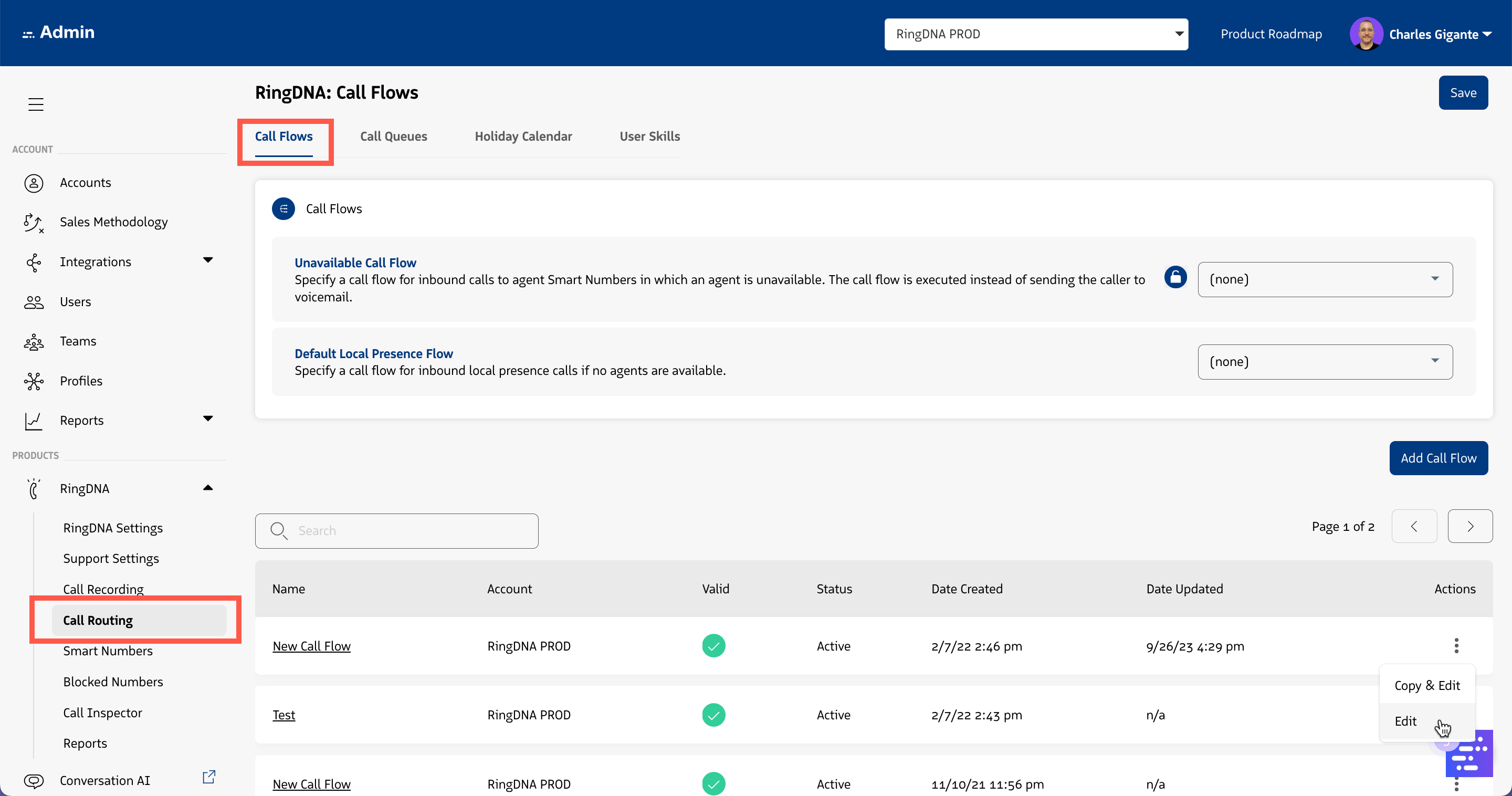 The Call Flows list in Revenue.io showing existing call flows