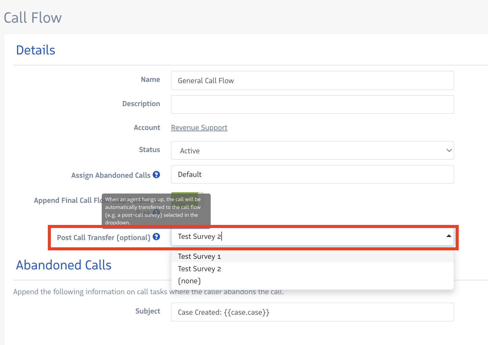 Post Call Transfer field in a call flow showing the survey flow selected