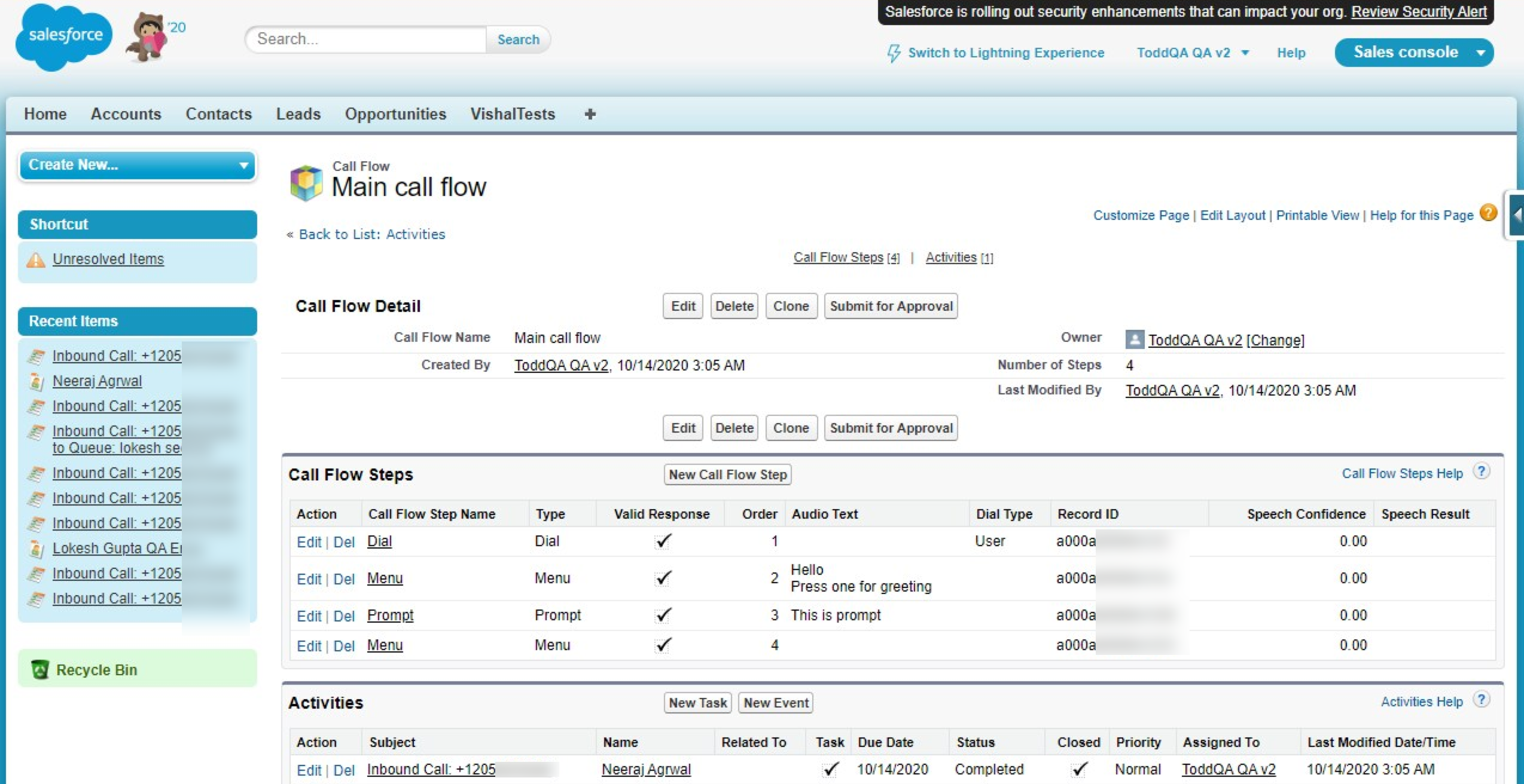 Salesforce Call Flow Steps custom object showing the steps a caller went through in a flow
