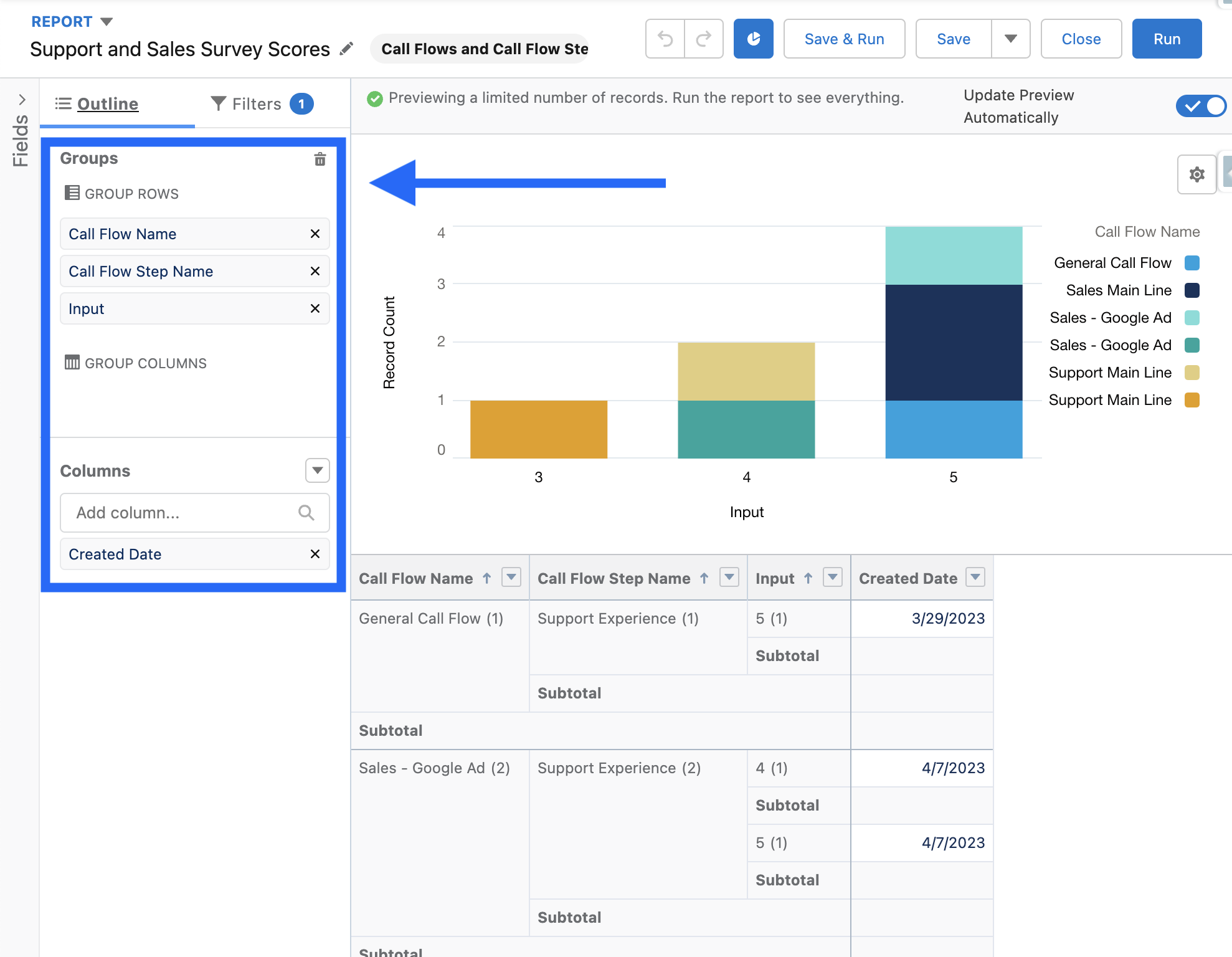 Salesforce report field configuration showing Call Flow Name and Input as grouped fields