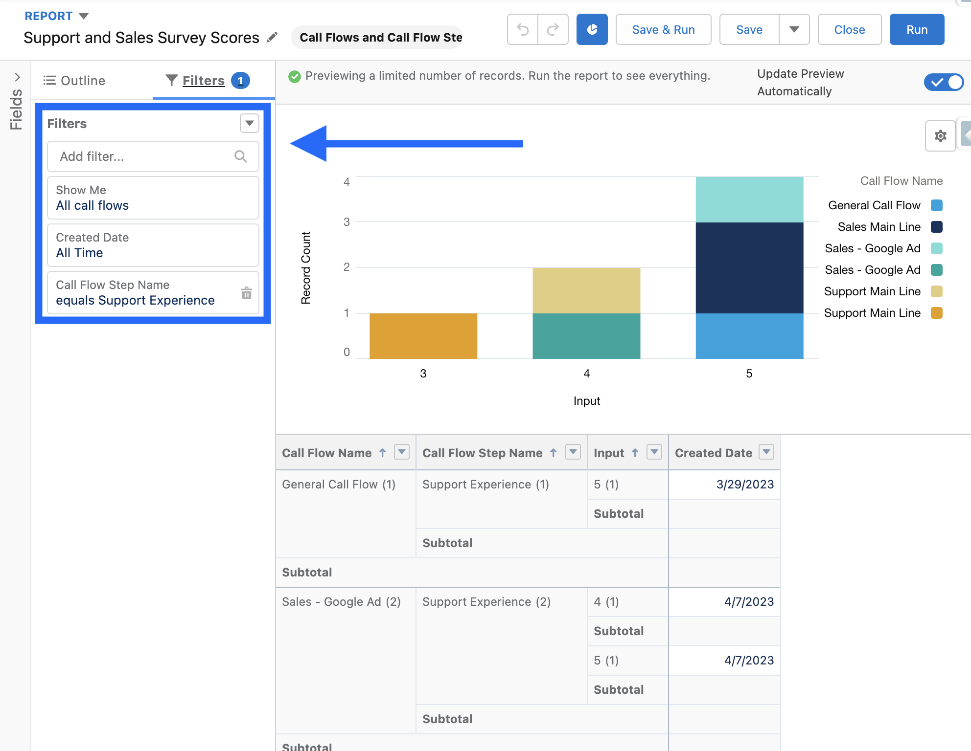 Salesforce report filter showing step name filter for Support Experience