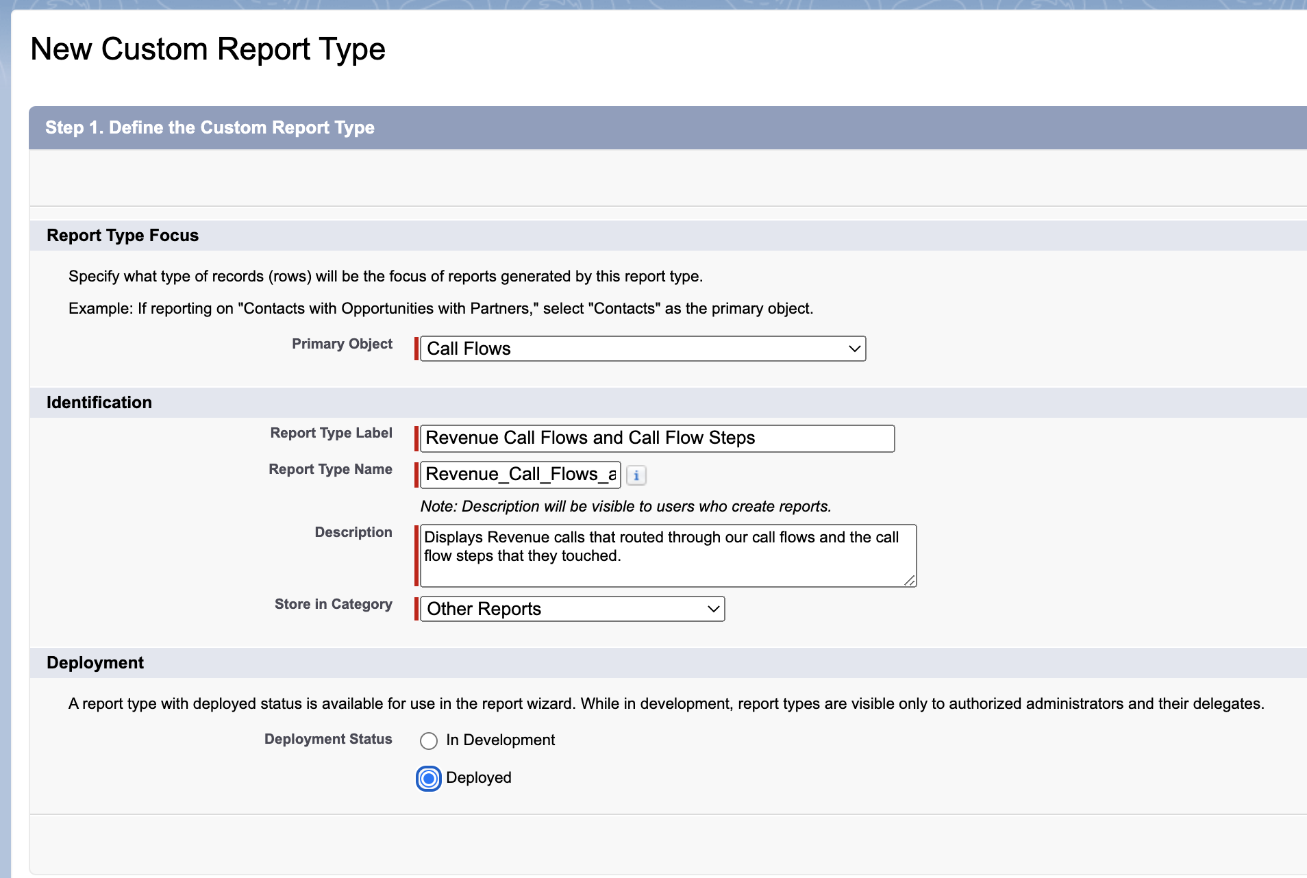 New Custom Report Type form configured with Call Flows as the primary object