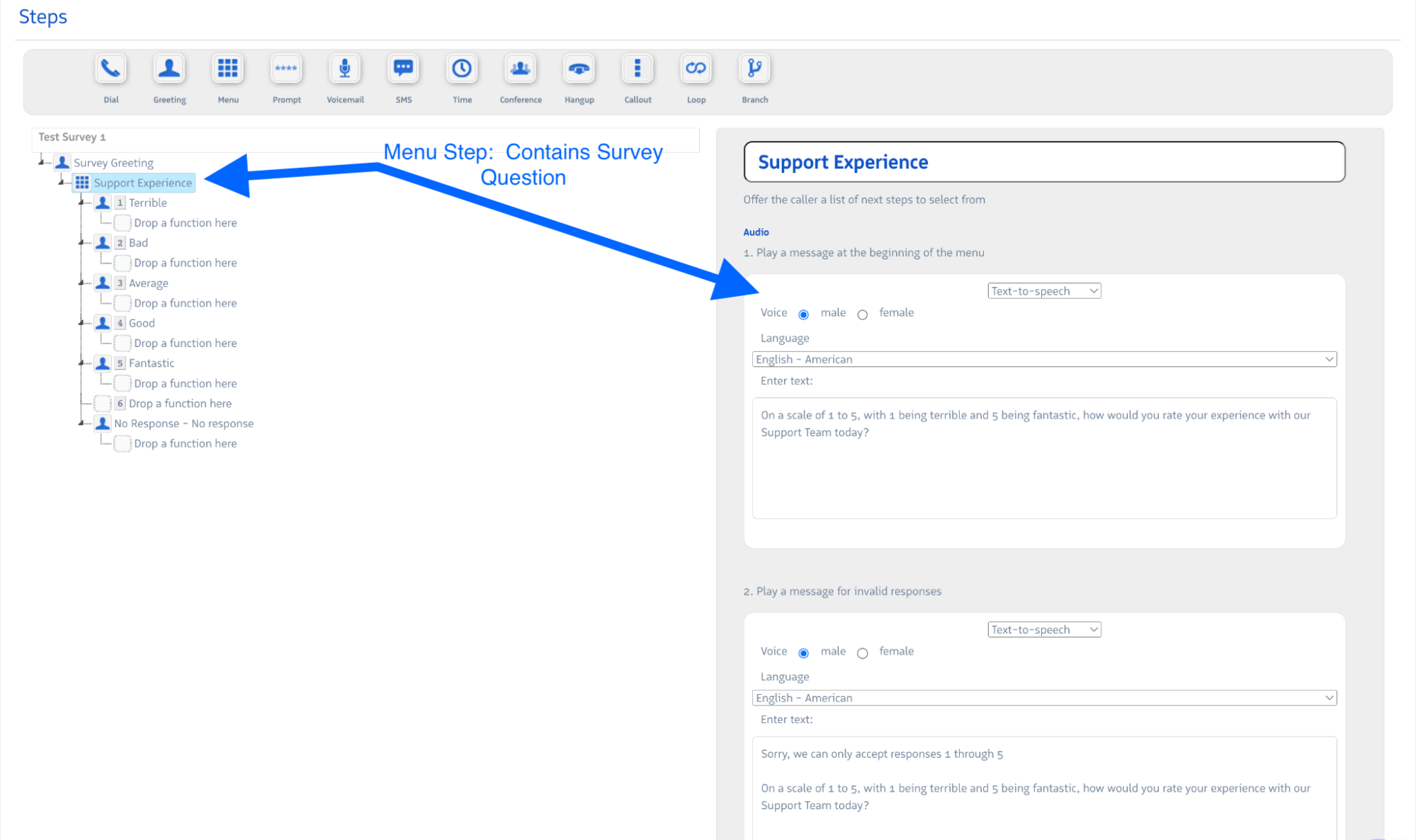 Example survey call flow showing a Greeting followed by a Menu with numbered response options