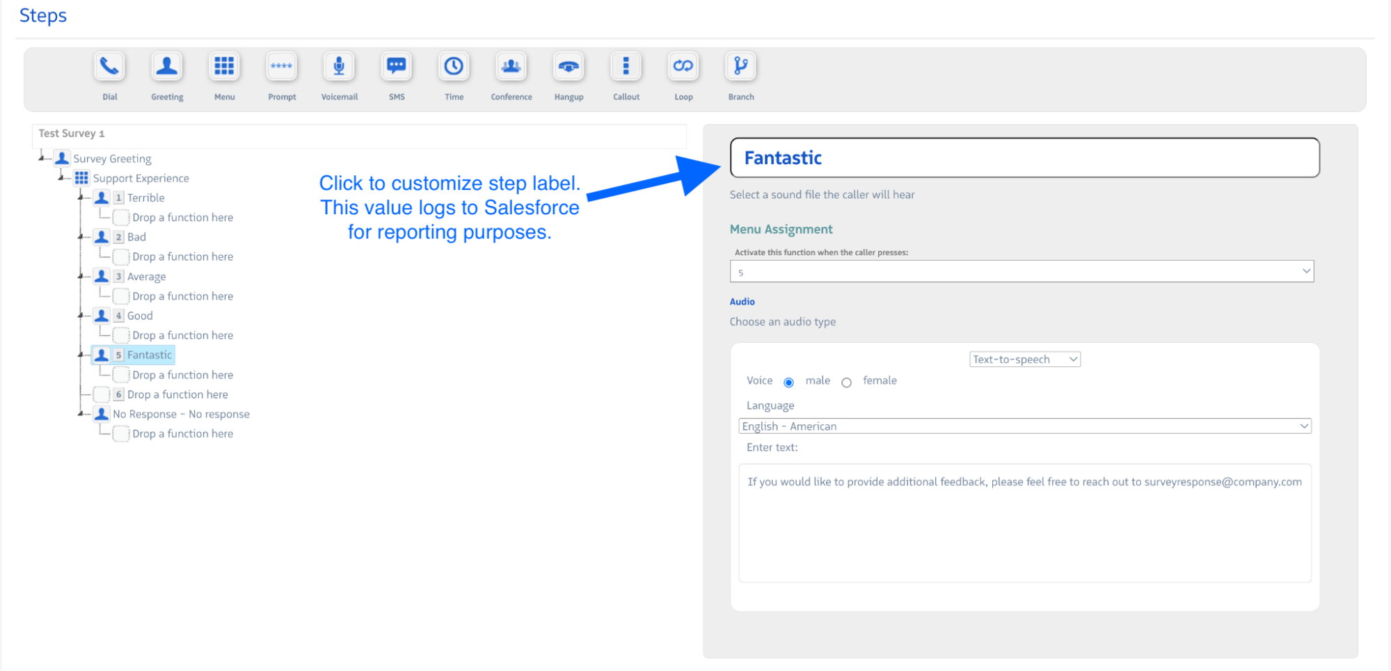 Menu step configured with options for positive and negative survey responses, each followed by a Greeting step