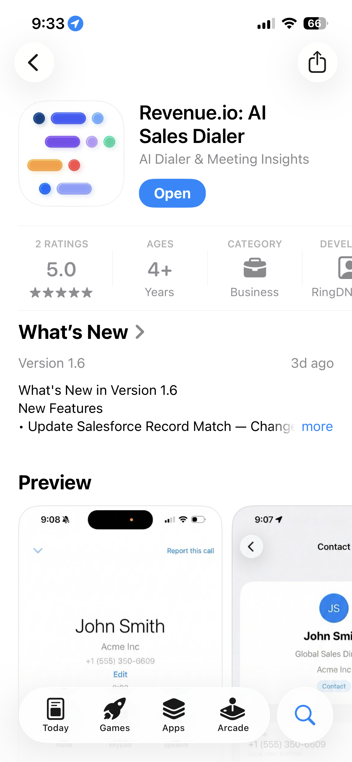 App Store listing for Revenue.io: AI Sales Dialer with Download and Open actions.