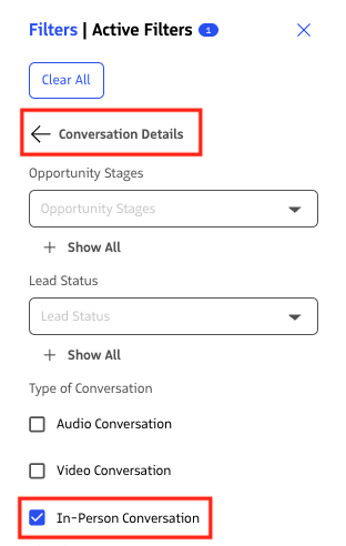 Conversation AI filters with In-Person Conversation selected under Conversation Details.
