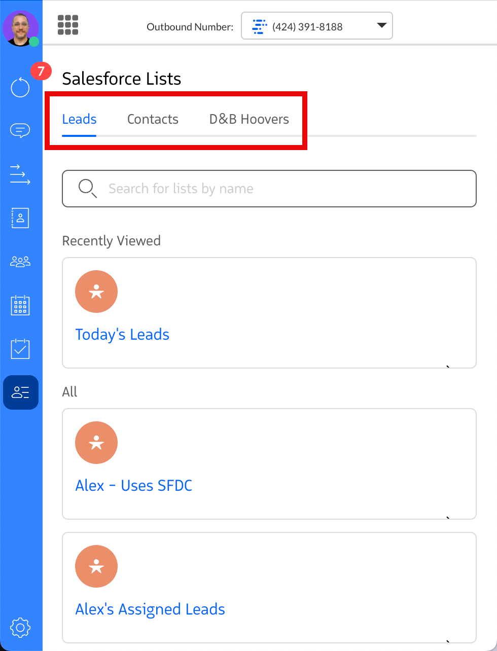 Lists view showing Lead and Contact sub-tabs.