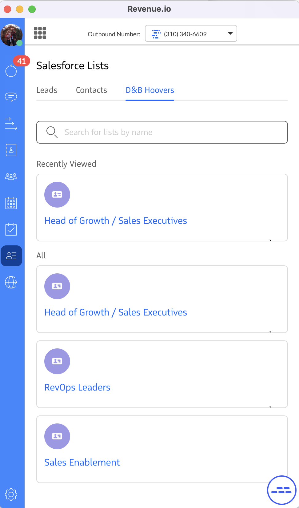 Lists tab including the D&B Hoovers sub-tab.