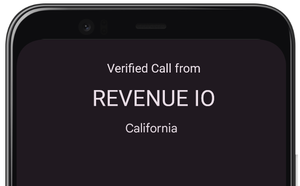 A mobile phone incoming call screen displaying 'Verified Call from REVENUE IO, California' instead of just a phone number.