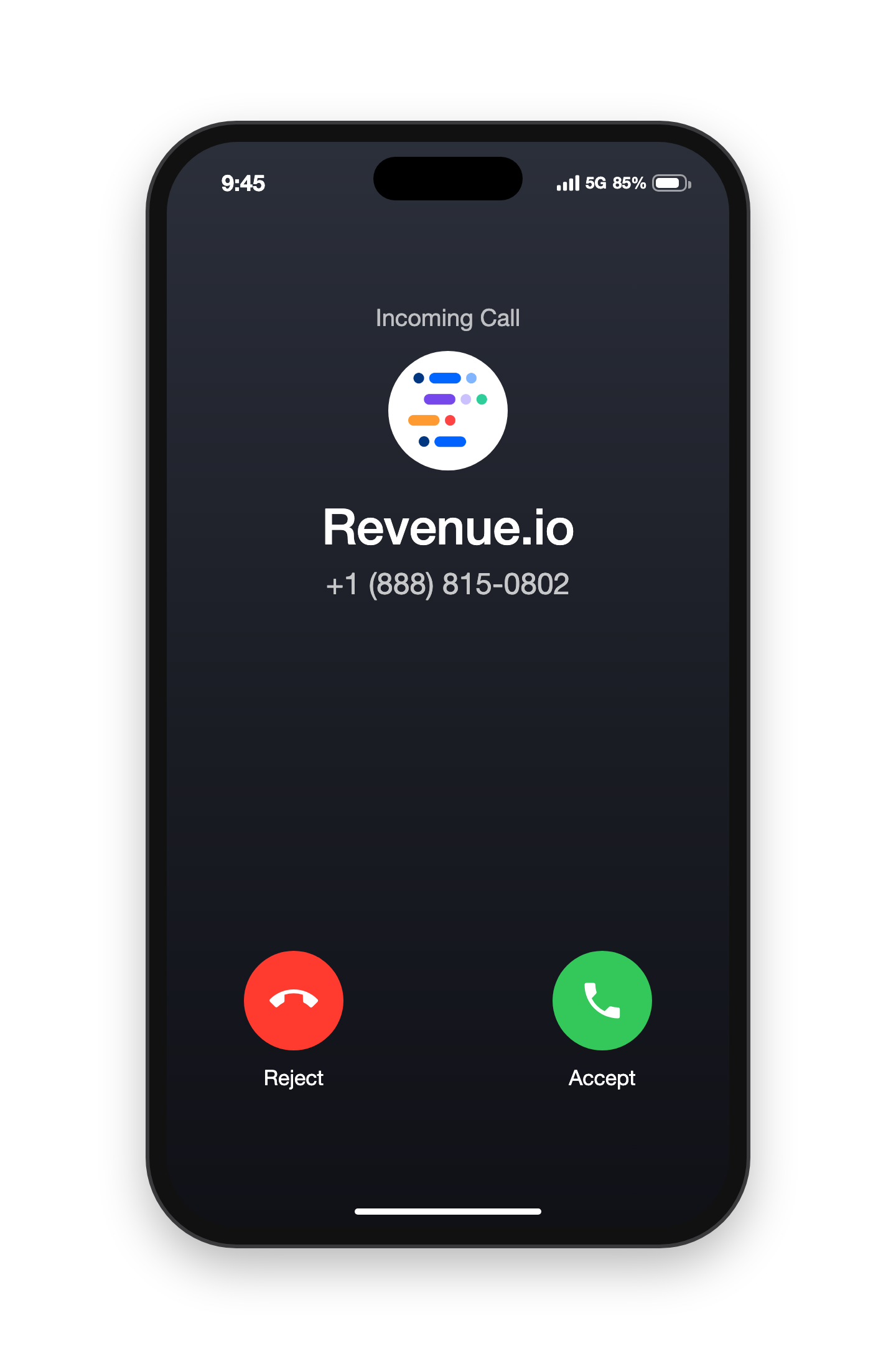 An iPhone incoming call screen showing the Revenue.io logo, the name 'Revenue.io', and the number +1 (888) 815-0802, with Reject and Accept buttons.