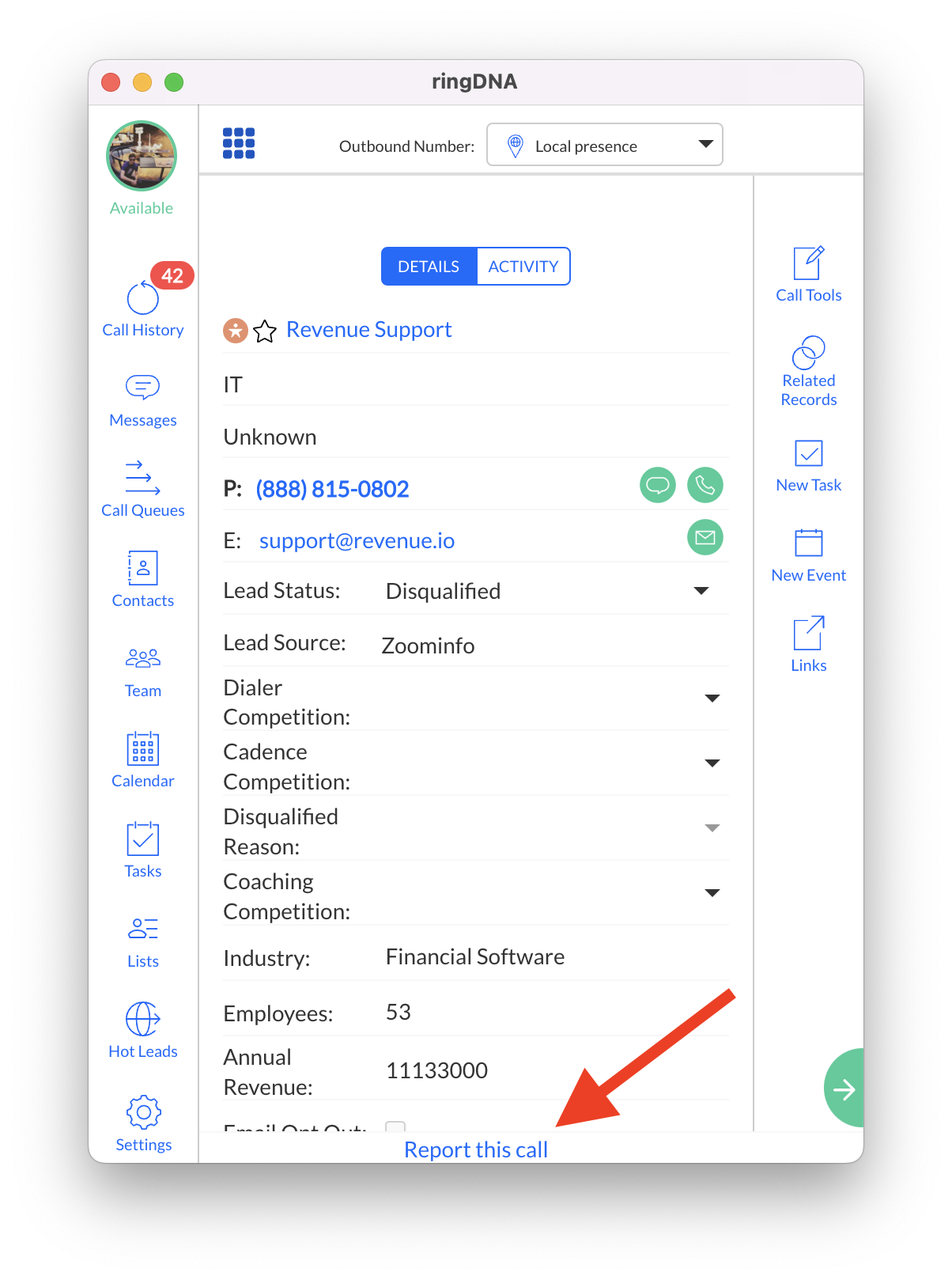 Report this call button