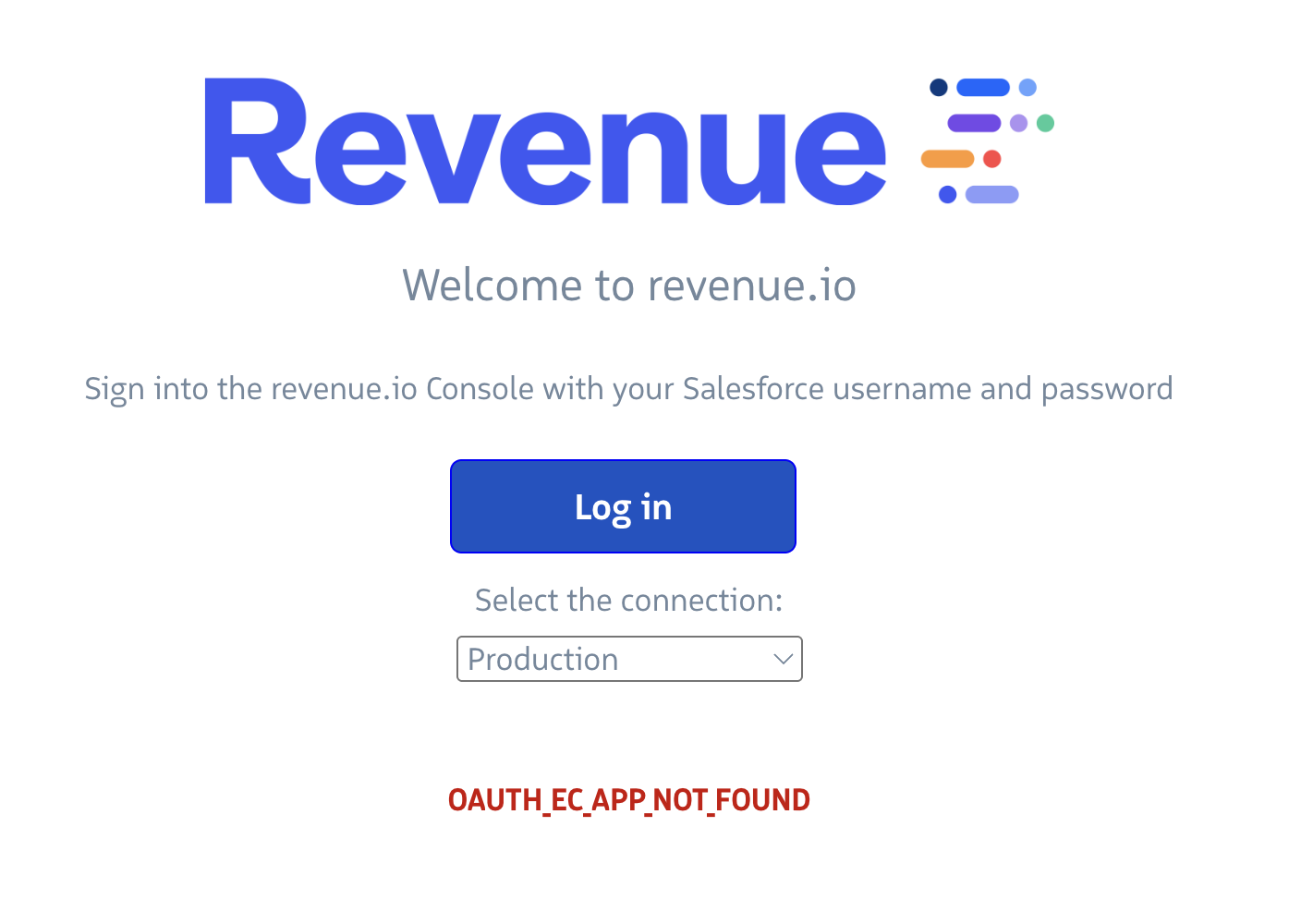 Salesforce login error: OAuth EC app not found